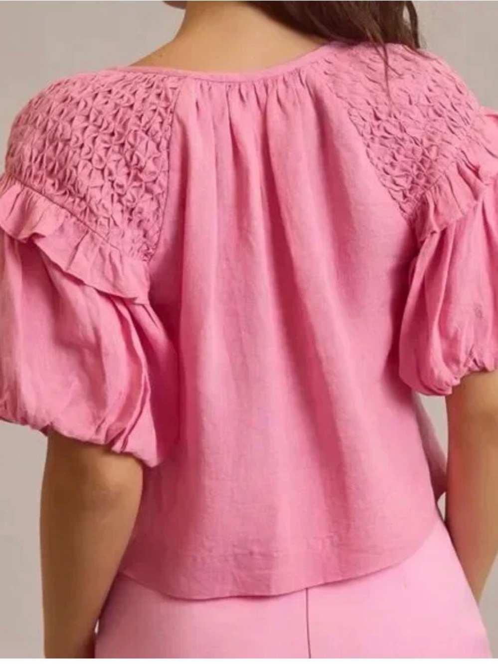 Self Contrast Linen Puff Sleeve Blouse with Tie Detail - Picture 2 of 8